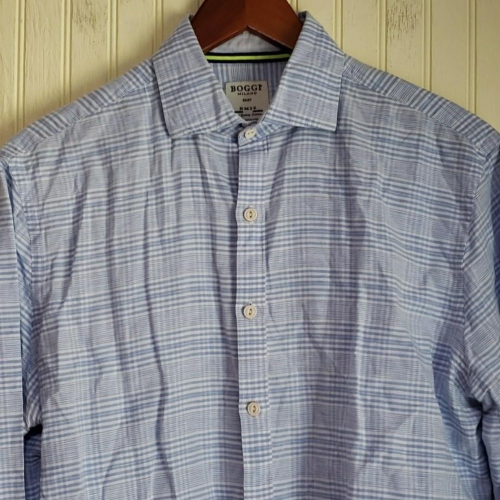 Boggi Milano Dress Shirt Mens 15.5 Blue Plaid Linen Regular Fit Long Sleeve